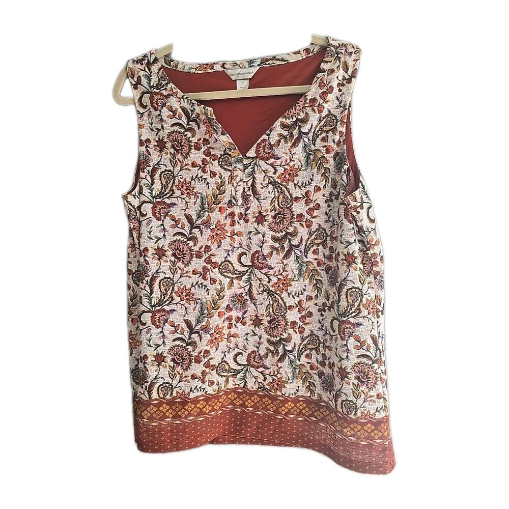 Christopher & Banks Brown Paisley Floral Split Neck Tank Top Womans Size Large